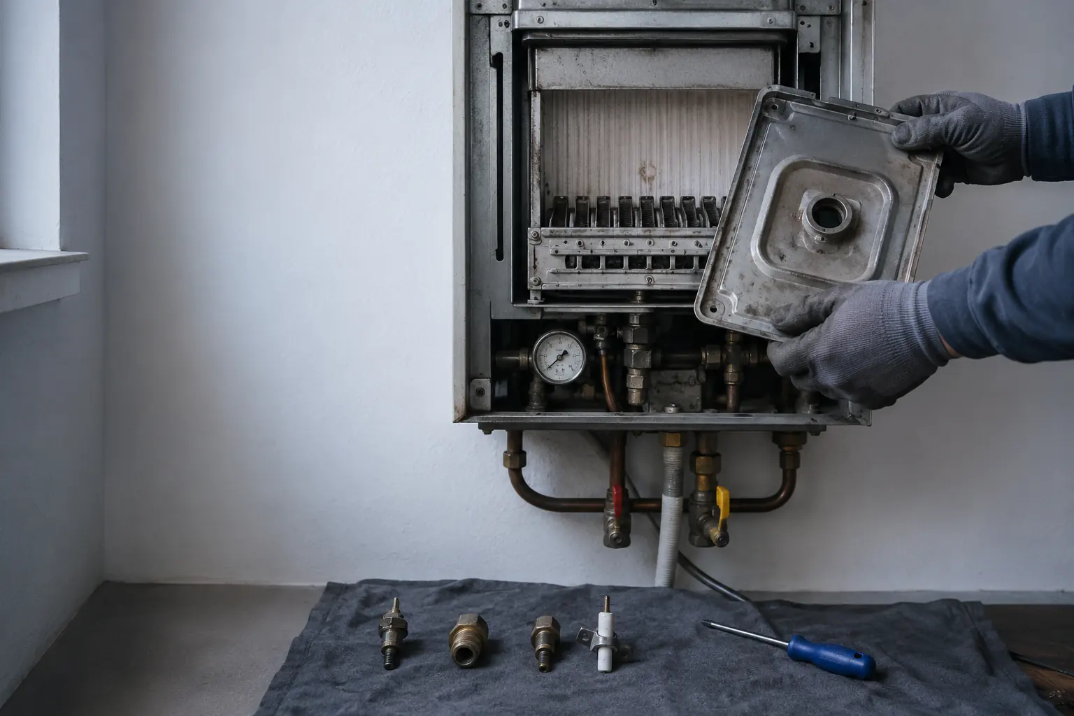 Techniker nimmt die Brennkammerabdeckung einer Gastherme ab